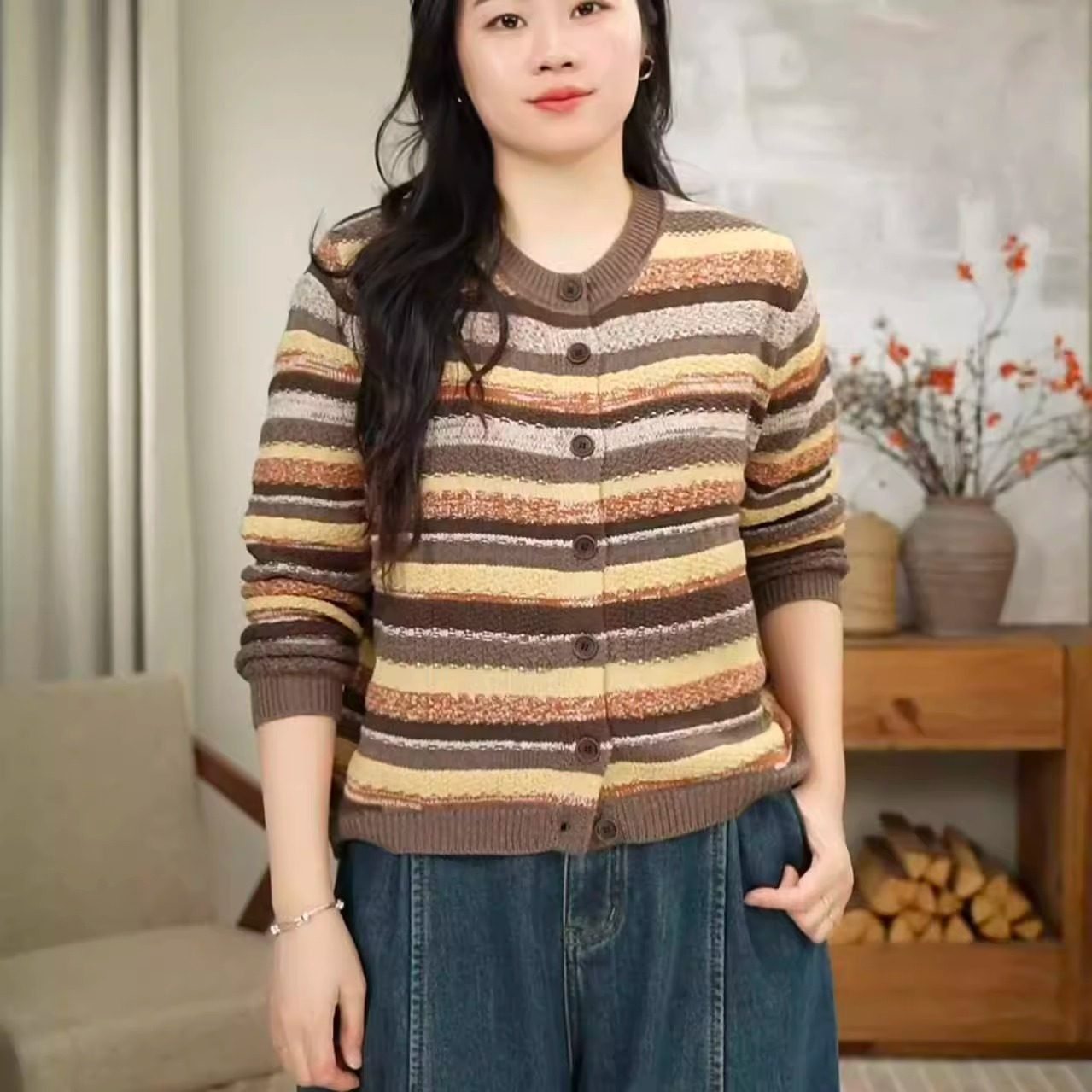 秋冬厚款针织彩条撞色复古宽松时尚条纹开衫女 2785,淘宝优惠券,粉丝福利购,淘宝优惠卷