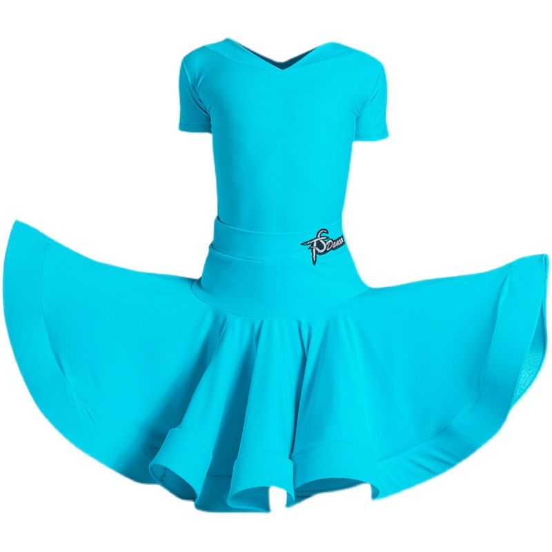 新款拉丁舞服女童比赛服夏季短袖V领专业标准规定服大裙摆演出服 - 图3