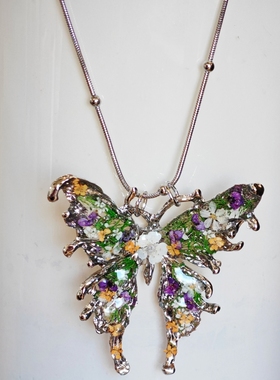 花与蝶~原创设计植物滴胶手工艺术项链森林蝴蝶个性不锈钢项链