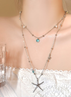 夏日look！海边氛围感蓝色闪锆海星叠戴项链女长款配饰度假锁骨链