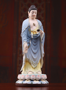戴玉堂陶瓷摆件《西方三圣淡蓝彩》佛像家用供奉观音阿弥陀佛站像