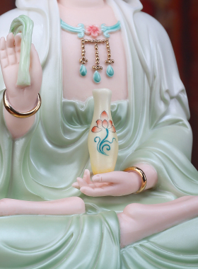 戴玉堂陶瓷《古莲观音 绿衣彩》家用佛像供奉摆件客厅桌面装饰品