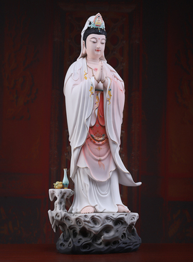 戴玉堂陶瓷《立岩合掌观音 红韵彩》家用佛像供奉摆件观世音菩萨