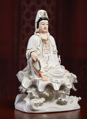 戴玉堂陶瓷摆件《描金荷叶海浪观音》佛像家用供奉观世音菩萨像