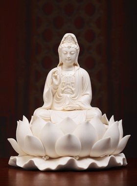 戴玉堂陶瓷《莲花观音 雅黄瓷》家用佛像供奉观世音菩萨装饰摆件