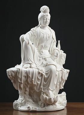 戴玉堂陶瓷摆件《坐岩自在净瓶观音》德化白瓷观世音菩萨佛像供奉