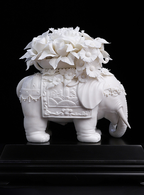 戴玉堂徐才提陶瓷摆件《富贵吉祥》非遗手工花博古架大象家居饰品