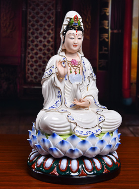 【感恩结缘优惠】德化佛像观世音菩萨青花家用供奉彩色坐莲观音