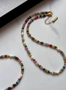 复古项链轻奢珍珠自然石女复古多巴胺彩色水晶天然石淡水彩色