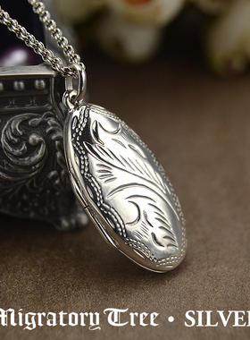 泰国产银饰花叶爱情鸟可打开椭圆形相片盒女款925纯银吊坠可刻字