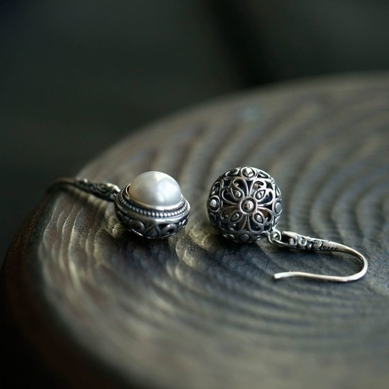 s925纯银镂空雕花淡水珍珠耳环女个性复古中国风抗过敏耳钩耳饰女,淘宝优惠券,粉丝福利购,淘宝优惠卷