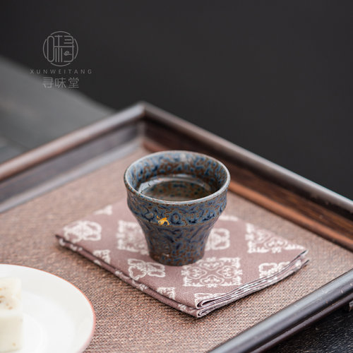 孔雀蓝老岩泥粗陶品茗杯｜复古窑变描金茶杯茶盏中式陶瓷功夫茶具 - 图3