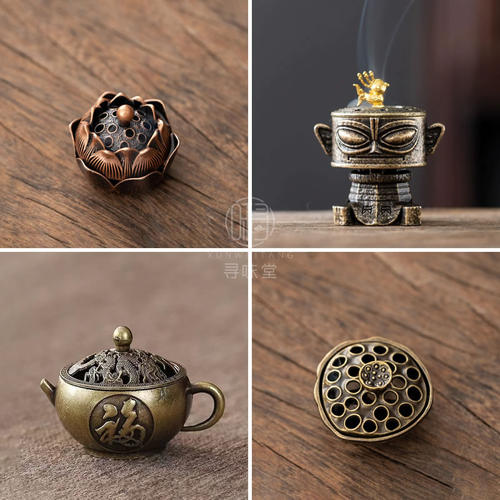 禅意香炉 茶道具 香道具 工芸品 美術品 置物 精致合金迷你小香炉｜复古禅意莲花薰香炉室内香座茶道香道小摆件_虎窝淘