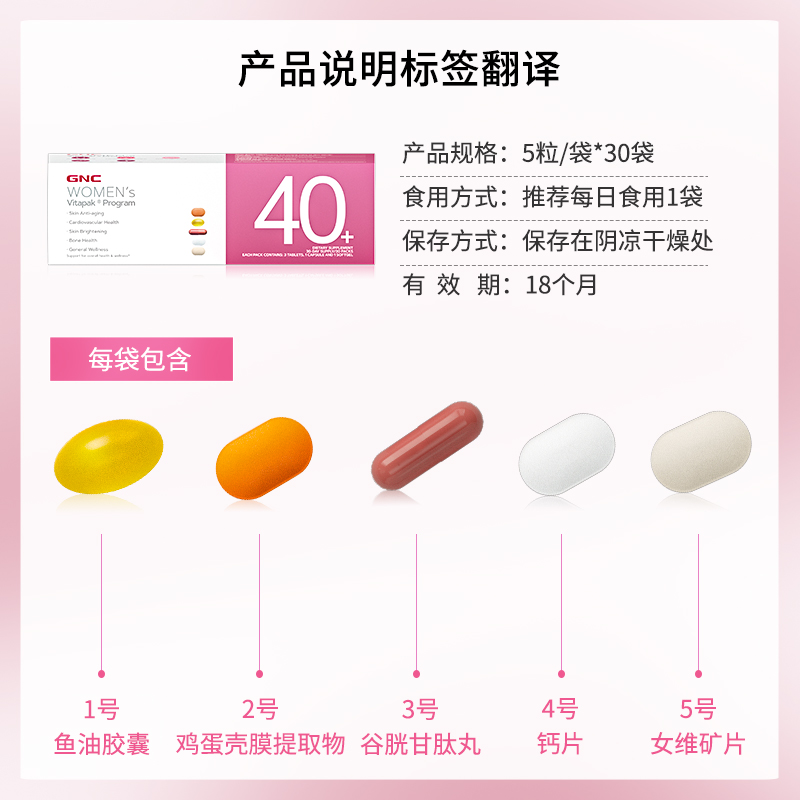 GNC健安喜Vitapak®女性40+每日营养包30包鱼油B族时光包谷胱甘肽 - 图2