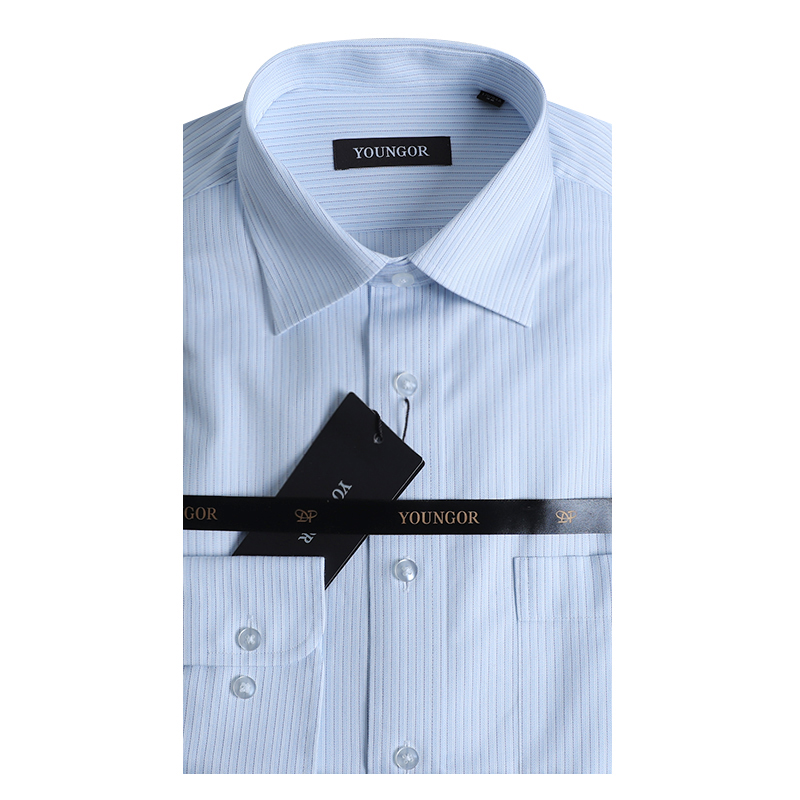 雅戈尔蓝白色条纹DP纯棉免烫商务正装断码男大码长袖衬衫DP14109