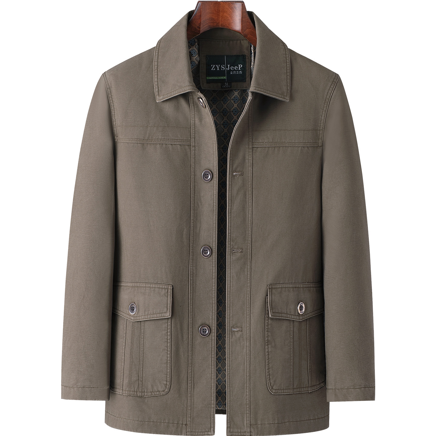 中老年男士翻领纽扣款上衣爸爸装春秋季宽松大码夹克纯棉休闲外套 - 图3