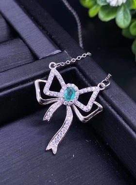 天然祖母绿项链925银锁骨链祖母绿蝴蝶结项链520直播首饰吊坠