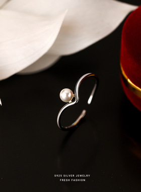 小众设计纯银戒指女时尚个性轻奢仿珍珠开口食指指环2022年新款潮