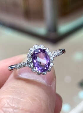 S925银戒指天然紫水晶开口戒晶体干净火彩闪烁巴西紫晶经典百搭款