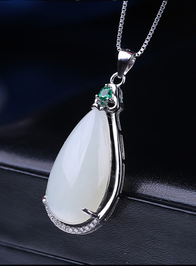 和田玉s925银镶玉吊坠女款天然玉石水滴玉坠锁骨项链镶嵌简约吊坠