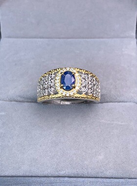 皇家蓝男戒天然蓝宝石925银戒指帅气复古蓝宝石戒网红直播货