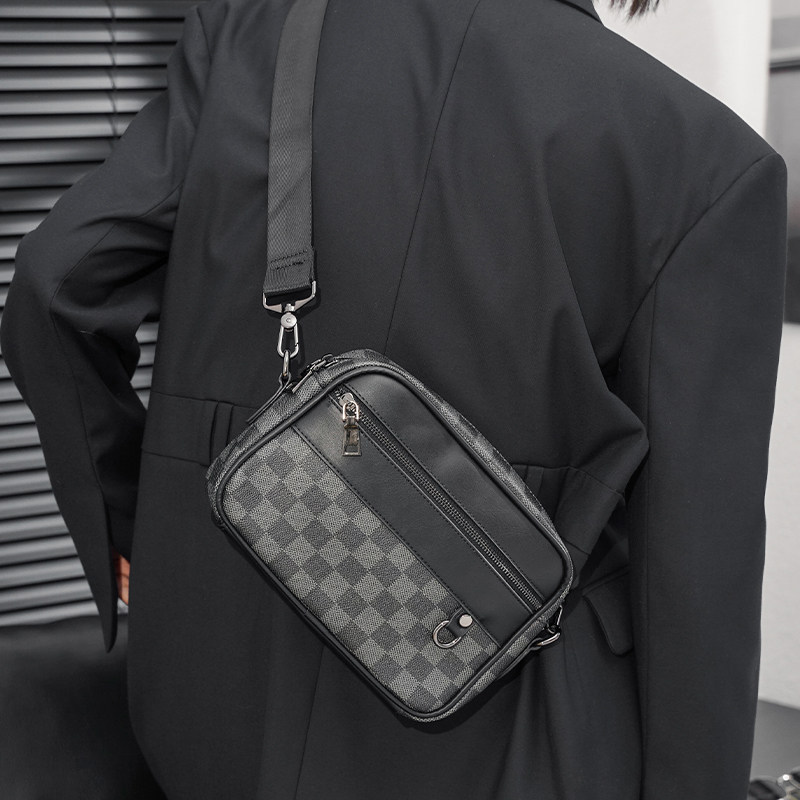 新款潮流男士休闲格子单肩包韩版皮质斜挎包潮牌时尚小方包小背包,淘宝优惠券,粉丝福利购,淘宝优惠卷