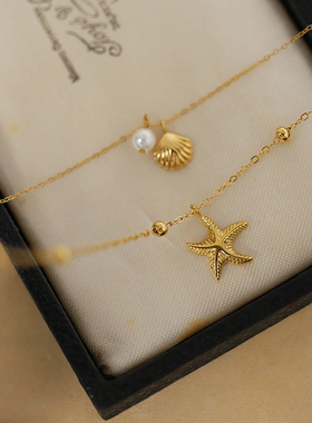 不褪色海岛风双层海星贝壳钛钢项链小众设计轻奢度假风叠戴锁骨链