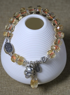 女式白水晶手链s925银复古手链足银招财猫吊坠手链个性水晶礼饰品