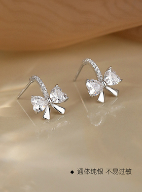 S925银蝴蝶结耳钉高级感锆石小巧耳饰2025新款夏季时尚百搭送女友