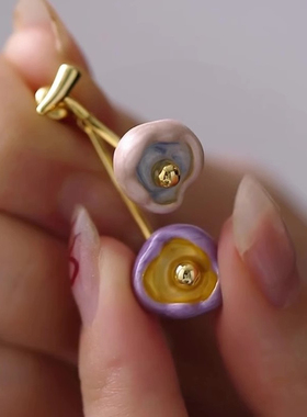 日系小众滴油花朵粉紫色耳环长款两戴甜美可爱滴油耳坠小樱桃耳饰