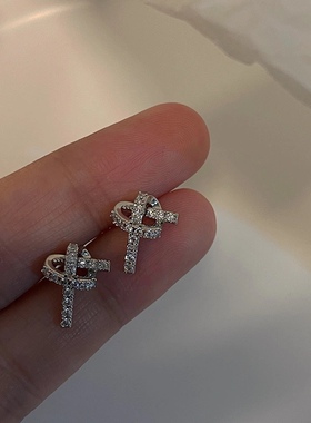 S925纯银精致通勤韩版绳结耳钉女小众设计高级感百搭打结满钻耳环