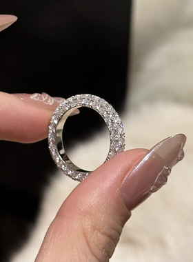 S925纯银小众轻奢时尚高级感甜甜圈三面钻戒指女个性独特满钻银饰