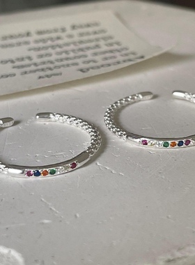 925纯银彩虹锆石戒指女简约小巧迷你个性彩色宝石开口指环
