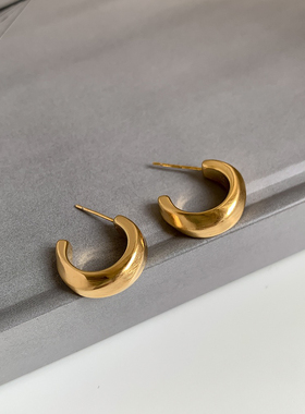 925银针高级质感小众简约设计拉丝金属半圆C圈耳环ins冷淡风耳钉