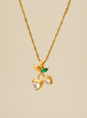 【DASEIN】新时尚精致甜酷风18k金百搭水波纹链项链樱桃耳钉套装