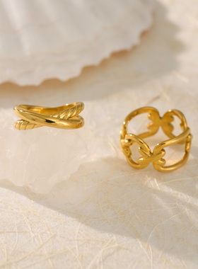 【DASEIN】夏日OOTD高级感镂空金银色麻花交织戒指情侣款金色素圈