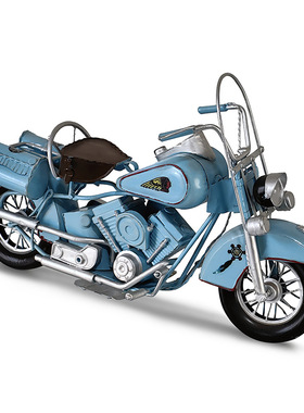 复古做旧铁艺蓝色摩托车模型摆件