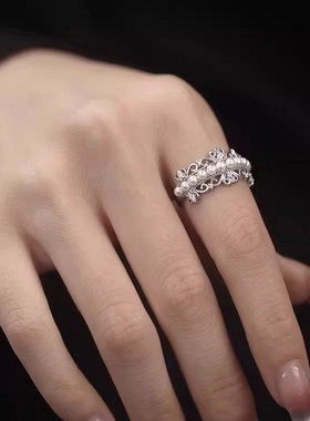 贝珠戒指女ins蕾丝皇冠指环高级感轻奢时尚个性百搭开口食指戒子