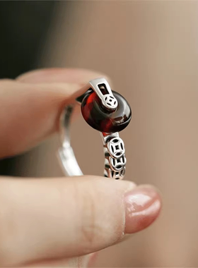 复古国风新中式时来运转血珀平安扣铜钱戒指女百搭小众设计开口戒