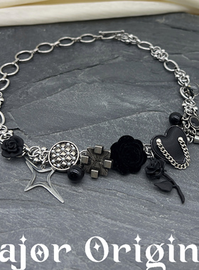 美作原创MAJOR 荆棘玫瑰朋克绒花钛钢重工纽扣项链锁骨链中式饰品