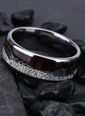8宽高抛光钨金戒指镶陨石和梨花木现货直销男士戒指婚戒一件代发