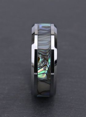 钨钢情侣戒指平面倒角镶天然鲍鱼贝壳时尚戒指欧美风一件代发