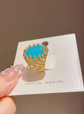 蓝色独特气质跨境设计感开口戒指环简约戒女食指时尚金属欧美几何