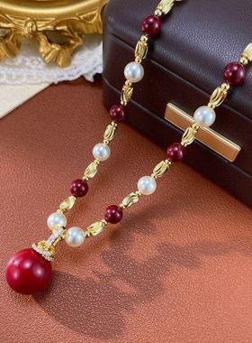 欧美跨境时尚复古串珠红色珍珠吊坠项链女个性轻奢温柔百搭锁骨链