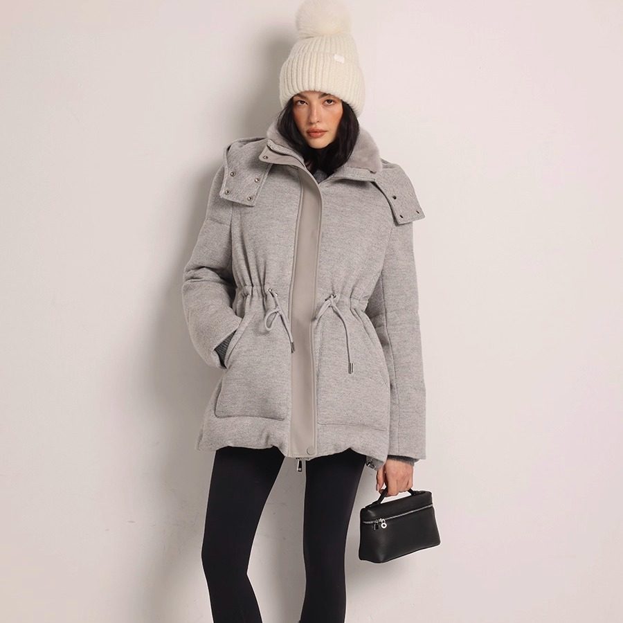 Deessesicile高级灰水貂绵羊皮拼接连帽鹅绒外套抽绳中长款羽绒服,淘宝优惠券,粉丝福利购,淘宝优惠卷