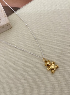 日韩可爱小熊拼色锁骨链小众镀金银饰熊抱ins简约925纯银项链银色
