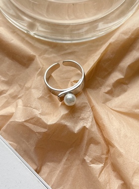 925纯银折叠珍珠银托戒指极简小众设计开口可调节轻奢银指戒