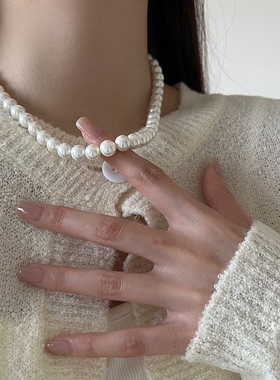 韩国大颗粒珍珠纯银珍珠项链初春锁骨链ins博主叠搭珍珠项链女
