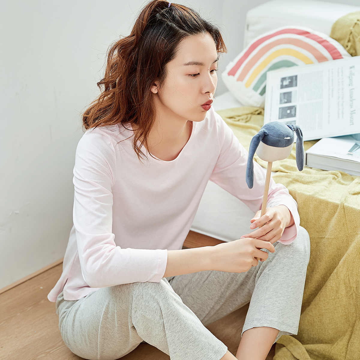 顶呱呱睡衣女纯棉春秋季薄款长袖长裤宽松学生可爱套头家居服套装 - 图0