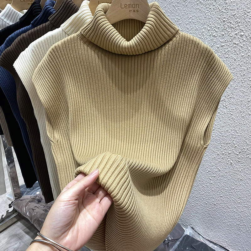 无袖高领针织衫女秋冬内搭洋气套头加厚短袖上衣外穿毛衣马甲背心 - 图1